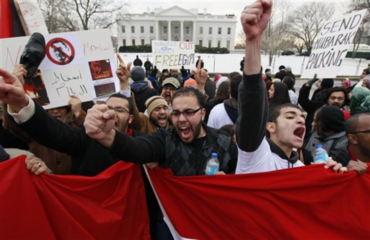A crowd chants in front of the White House in Washington on Saturday demanding that Egyptian President Hosni Mubarak step down.